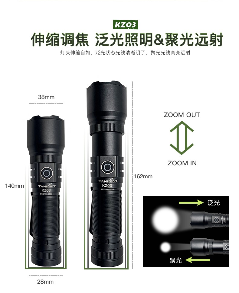 TANK007強光手電筒戶外伸縮調焦手電LED直充遠射電筒KZ03